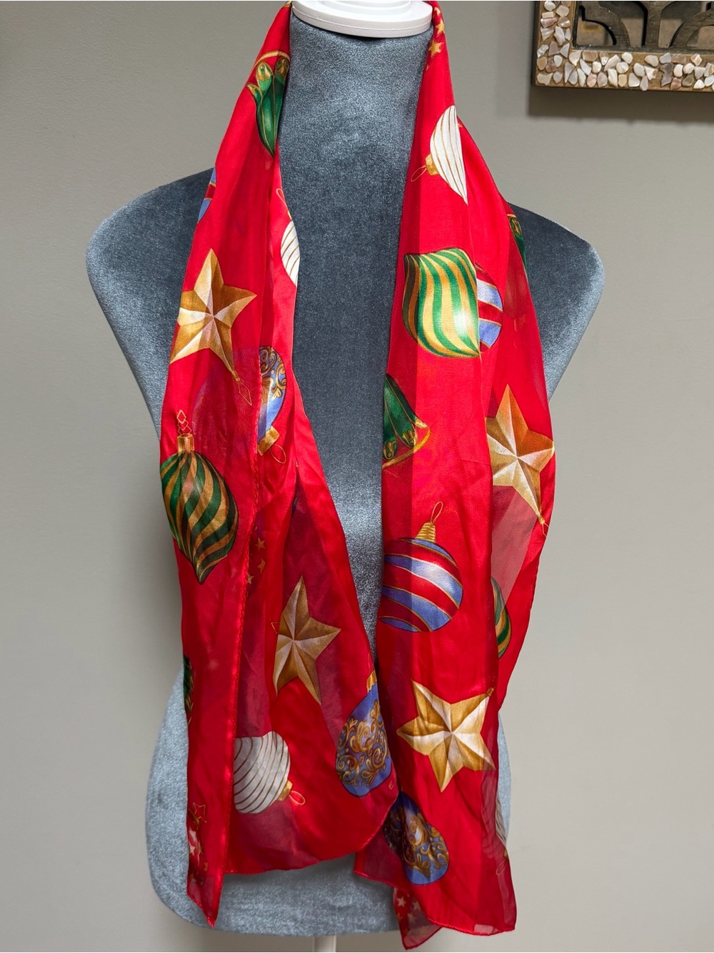 Echo red 100% silk scarf rectangle Christmas ornament theme oblong stars